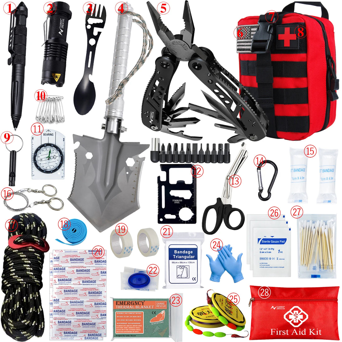 Sac de Survie mini 28-en-1 | Kit de survie complet avec trousse médicale & outils tactiques